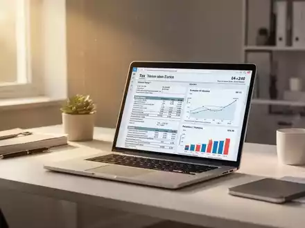 Moderner Schreibtisch mit Laptop und digitalen Steuerunterlagen in einer professionellen Arbeitsumgebung. - Foto: über boerse-global.de