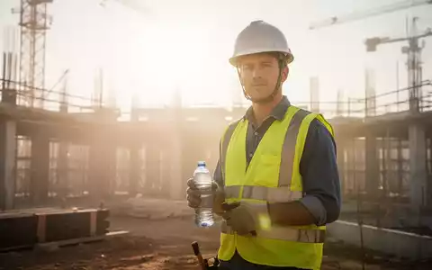Bauarbeiter an einem heißen Sommertag auf einer Baustelle mit Wasserflasche in der Hand. - Foto: über boerse-global.de