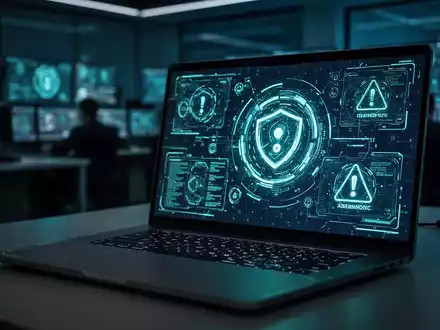 Ein beleuchteter Laptop in einem dunklen Cybersecurity-Kontrollzentrum mit abstrakten digitalen Sicherheitsdaten. - Foto: über boerse-global.de