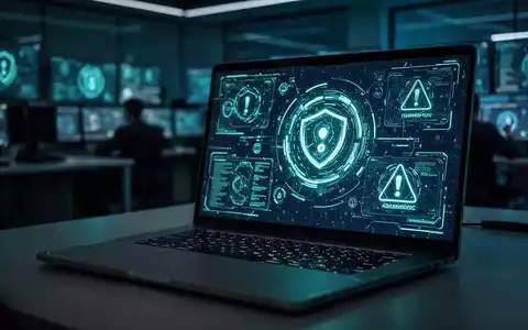 Ein beleuchteter Laptop in einem dunklen Cybersecurity-Kontrollzentrum mit abstrakten digitalen Sicherheitsdaten. - Foto: über boerse-global.de
