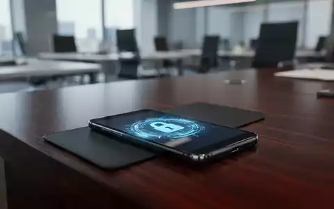 Smartphone mit digitalem Schloss-Symbol auf einem Schreibtisch als Symbol für Datenschutz am Arbeitsplatz. - Foto: über boerse-global.de