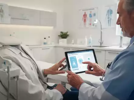 Eine Person mittleren Alters nutzt ein digitales Tablet für einen Gesundheitscheck in einer modernen Arztpraxis. - Foto: über boerse-global.de