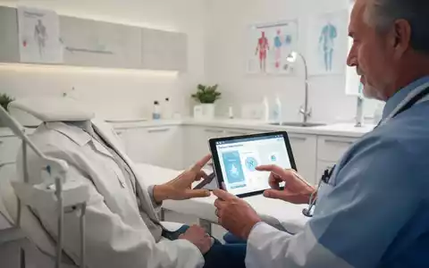 Eine Person mittleren Alters nutzt ein digitales Tablet für einen Gesundheitscheck in einer modernen Arztpraxis. - Foto: über boerse-global.de