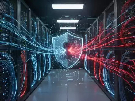 Abstrakte digitale Darstellung eines Cyberangriffs auf Server mit leuchtenden Netzwerkkabeln - Foto: über boerse-global.de