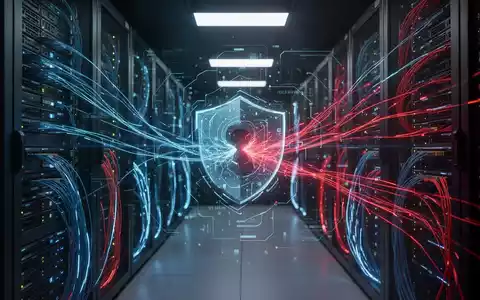 Abstrakte digitale Darstellung eines Cyberangriffs auf Server mit leuchtenden Netzwerkkabeln - Foto: über boerse-global.de