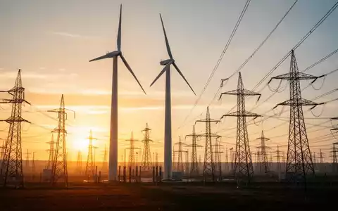 Moderne Windkraftanlage und Stromübertragungsinfrastruktur bei Sonnenuntergang als Symbol für Energieerzeugung. - Foto: über boerse-global.de