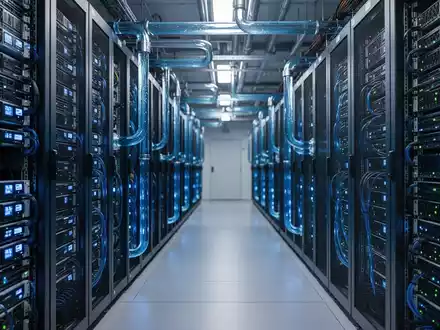 Moderne Hochleistungs-Serverracks in einem Rechenzentrum mit Flüssigkeitskühlung und blauer Beleuchtung. - Foto: über boerse-global.de
