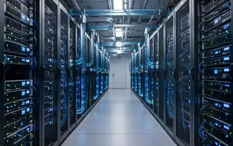 Moderne Hochleistungs-Serverracks in einem Rechenzentrum mit Flüssigkeitskühlung und blauer Beleuchtung. - Foto: über boerse-global.de