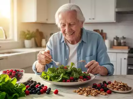 Eine ältere Person genießt eine gesunde Mahlzeit mit frischem Gemüse und Beeren in einer hellen, modernen Küche. - Foto: über boerse-global.de