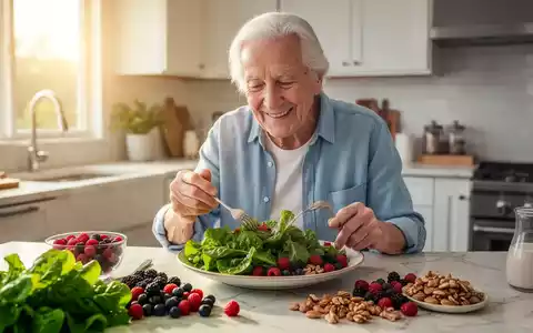 Eine ältere Person genießt eine gesunde Mahlzeit mit frischem Gemüse und Beeren in einer hellen, modernen Küche. - Foto: über boerse-global.de