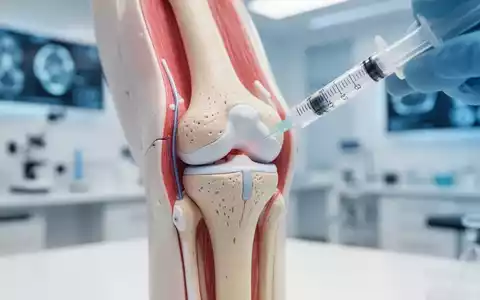 Medizinische Darstellung eines Kniegelenks mit einer Spritze für eine minimalinvasive Gelenktherapie. - Foto: über boerse-global.de