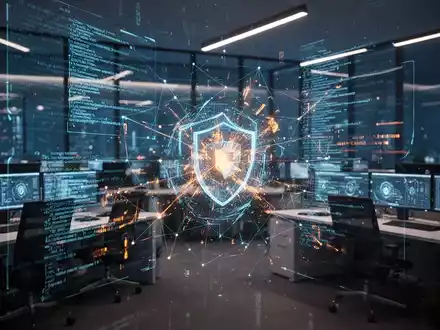 Hightech-Cybersicherheitszentrum mit holografischen Sicherheitsdisplays und leuchtenden Netzwerkdaten. - Foto: über boerse-global.de