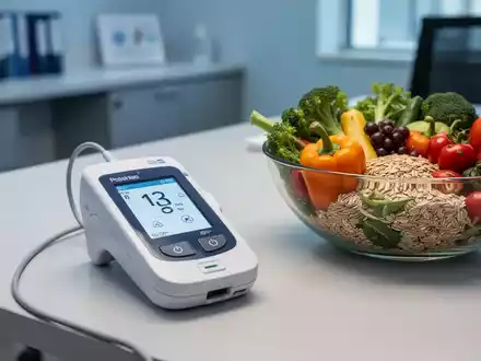 Ein digitales Glukosemessgerät neben einer Schüssel mit gesundem Gemüse und Vollkornprodukten auf einem Tisch. - Foto: über boerse-global.de