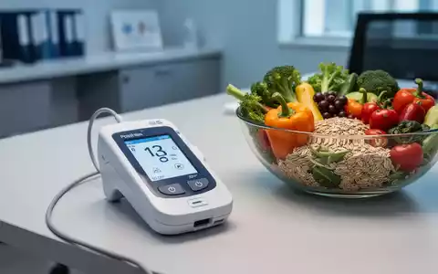 Ein digitales Glukosemessgerät neben einer Schüssel mit gesundem Gemüse und Vollkornprodukten auf einem Tisch. - Foto: über boerse-global.de