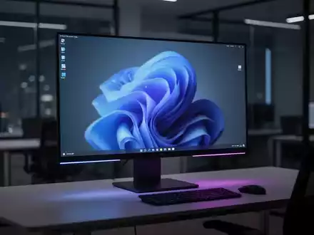 Moderner Computerarbeitsplatz mit leuchtendem Monitor, der abstrakte Windows-11-Oberflächenelemente anzeigt. - Foto: über boerse-global.de