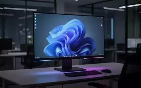Moderner Computerarbeitsplatz mit leuchtendem Monitor, der abstrakte Windows-11-Oberflächenelemente anzeigt. - Foto: über boerse-global.de