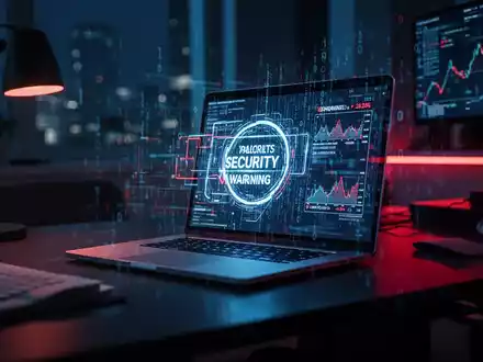 Ein Laptop in einem dunklen Büro zeigt digitale Sicherheitshinweise als Symbol für Cyberkriminalität und Datendiebstahl. - Foto: über boerse-global.de
