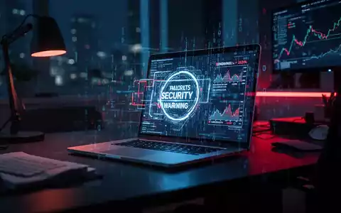 Ein Laptop in einem dunklen Büro zeigt digitale Sicherheitshinweise als Symbol für Cyberkriminalität und Datendiebstahl. - Foto: über boerse-global.de