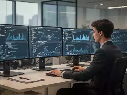 Junger Berufstätiger an modernem Schreibtisch mit Computermonitoren, die Daten anzeigen, symbolisiert den sich wandelnden Arbeitsmarkt. - Foto: über boerse-global.de