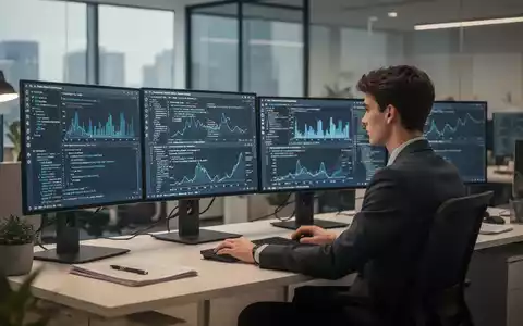 Junger Berufstätiger an modernem Schreibtisch mit Computermonitoren, die Daten anzeigen, symbolisiert den sich wandelnden Arbeitsmarkt. - Foto: über boerse-global.de