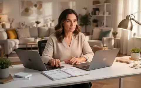 Eine Mutter sitzt konzentriert an einem Schreibtisch mit Laptop und Planer in einer hellen, modernen Wohnumgebung. - Foto: über boerse-global.de