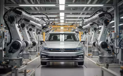 Moderne Fertigungshalle in einem Volkswagen-Werk mit Roboterarmen bei der Automobilproduktion. - Foto: über boerse-global.de