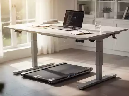 Ein modernes Homeoffice mit einem höhenverstellbaren Schreibtisch und einem Walking Pad für mehr Bewegung am Arbeitsplatz. - Foto: über boerse-global.de