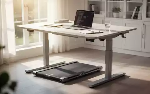 Ein modernes Homeoffice mit einem höhenverstellbaren Schreibtisch und einem Walking Pad für mehr Bewegung am Arbeitsplatz. - Foto: über boerse-global.de