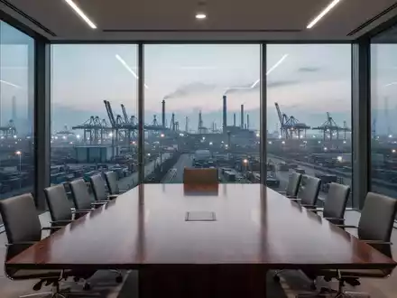 Moderner Konferenzraum mit Blick auf eine Industrie-Stadtlandschaft bei Dämmerung. - Foto: über boerse-global.de