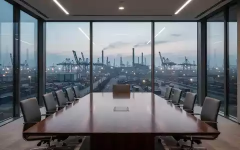 Moderner Konferenzraum mit Blick auf eine Industrie-Stadtlandschaft bei Dämmerung. - Foto: über boerse-global.de