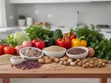 Eine Auswahl an gesundem GemĂŒse, Vollkornprodukten, HĂŒlsenfrĂŒchten und NĂŒssen auf einem Holztisch. - Foto: ĂŒber boerse-global.de