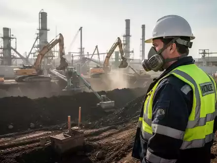 Bauarbeiter mit Schutzausrüstung bei der Sanierung eines kontaminierten Bodenbereichs auf einer Baustelle. - Foto: über boerse-global.de
