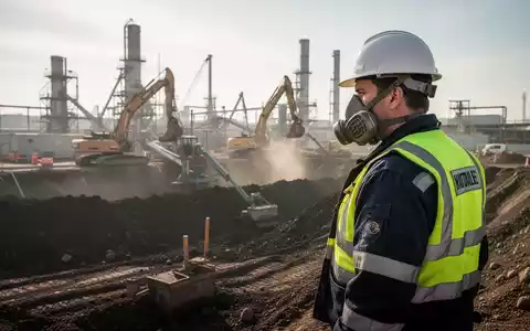 Bauarbeiter mit Schutzausrüstung bei der Sanierung eines kontaminierten Bodenbereichs auf einer Baustelle. - Foto: über boerse-global.de