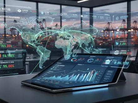 Digitales Logistik-Dashboard mit globalen Schifffahrtsrouten und Finanzzahlungsanalysen in einem modernen Büro. - Foto: über boerse-global.de