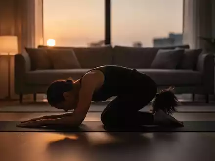 Eine Person praktiziert in einem stimmungsvoll beleuchteten, minimalistischen Raum Yoga zur Entspannung am Abend. - Foto: über boerse-global.de