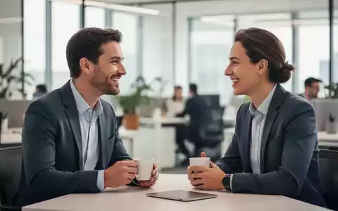Zwei Kollegen im Gespräch in einem modernen Büro, das Wohlbefinden und soziale Unterstützung am Arbeitsplatz symbolisiert. - Foto: über boerse-global.de