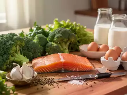Eine Auswahl gesunder Lebensmittel wie Brokkoli, Fisch und Eier auf einem Holztisch als Symbol für Mikronährstoffe. - Foto: über boerse-global.de