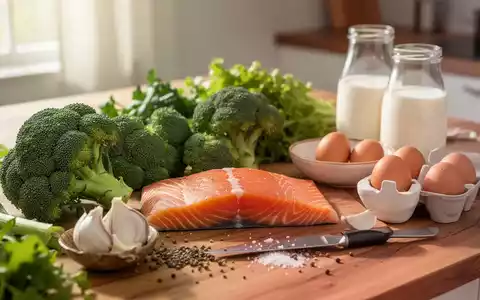Eine Auswahl gesunder Lebensmittel wie Brokkoli, Fisch und Eier auf einem Holztisch als Symbol für Mikronährstoffe. - Foto: über boerse-global.de