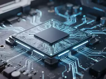 Nahaufnahme eines modernen KI-Prozessors auf einer Platine mit detaillierter Schaltungstechnik und blauer Beleuchtung. - Foto: über boerse-global.de