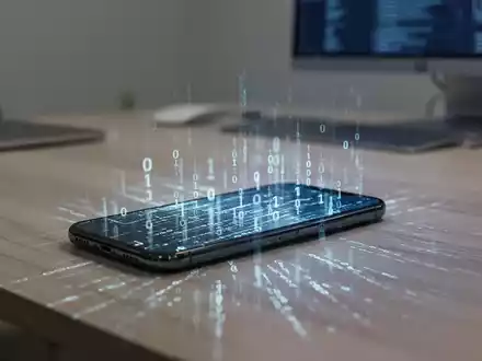 Ein Smartphone auf einem Schreibtisch mit digitalem Code, der die Überwachung von Chat-Inhalten symbolisiert. - Foto: über boerse-global.de