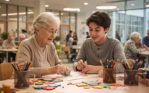 Senioren und jüngere Menschen interagieren in einem modernen Begegnungszentrum bei einer kreativen Gruppenaktivität. - Foto: über boerse-global.de