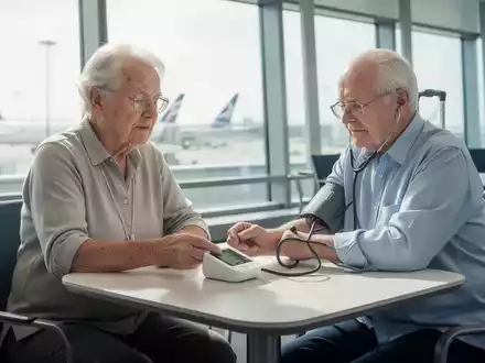 Ältere Person misst in einem modernen Flughafen-Lounge-Bereich mit einem tragbaren Gerät ihren Blutdruck. - Foto: über boerse-global.de