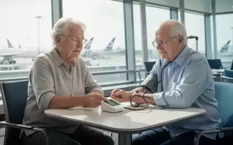 Ältere Person misst in einem modernen Flughafen-Lounge-Bereich mit einem tragbaren Gerät ihren Blutdruck. - Foto: über boerse-global.de