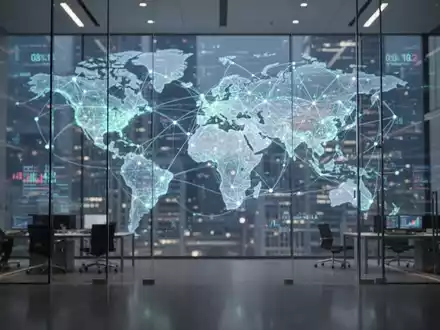 Moderne Innenansicht eines Finanzzentrums mit digitalen Datenvisualisierungen vernetzter globaler Bankennetzwerke. - Foto: über boerse-global.de