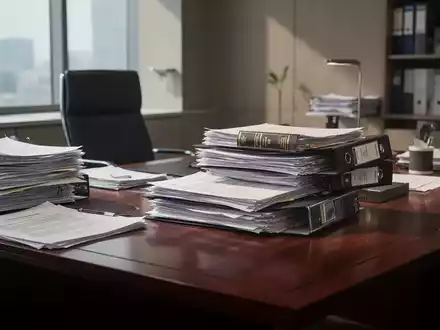 Ein moderner Schreibtisch mit Aktenstapeln und Dokumenten in einem professionellen Büroumfeld. - Foto: über boerse-global.de