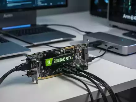 NVIDIA GeForce RTX Grafikkarte mit Arm-Laptop auf Schreibtisch, zeigt hardwareübergreifende Architektur. - Foto: über boerse-global.de