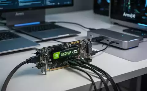 NVIDIA GeForce RTX Grafikkarte mit Arm-Laptop auf Schreibtisch, zeigt hardwareübergreifende Architektur. - Foto: über boerse-global.de