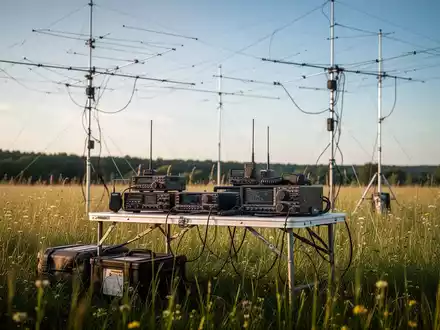 Funkamateur-Ausrüstung mit Antennenmast und technischem Equipment auf einer Wiese bei einem Fieldday-Event. - Foto: über boerse-global.de