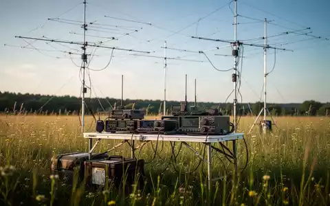 Funkamateur-Ausrüstung mit Antennenmast und technischem Equipment auf einer Wiese bei einem Fieldday-Event. - Foto: über boerse-global.de