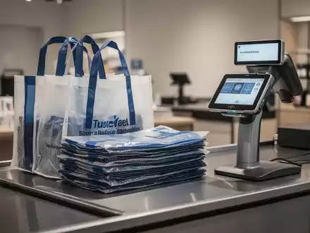 Mehrweg-Kunststofftaschen an einer modernen Ladenkasse im Einzelhandel. - Foto: über boerse-global.de